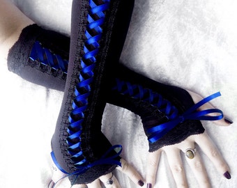 Cobalt Maiden Victorian Corset Laced Up Arm Warmers | Bright Royal Blue Ribbon & Black Lace | Gothic Wedding Vampire Cosplay Dark Burlesque