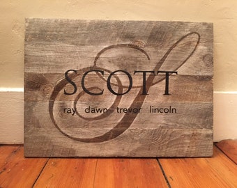 Hand painted reclaimed wood sign with monogram