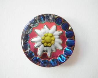 Vintage West German Sunflower AB Iridescent Reverse Painted Intaglio Glass Pendant 25 mm