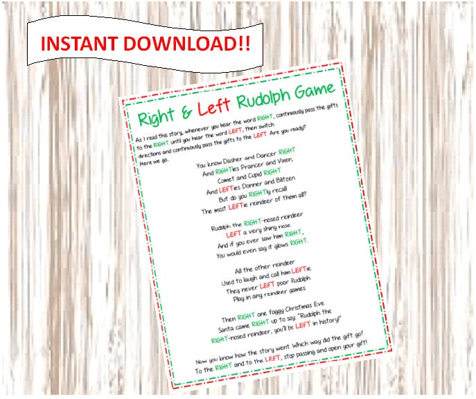 INSTANT DOWNLOAD Right & Left Rudolph Game. Printable.