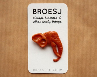 Elephant Brooch Vintage Orange Plastic