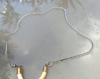 Art deco French antique pocket watch chain necklace with hand carved bone pendant Ethnic style jewelry