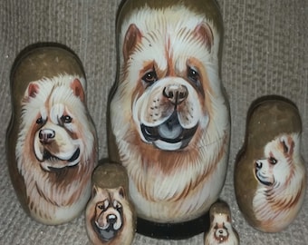 Chow Chow on Five Russian Nesting Dolls. Cream Coat. Dogs #2.