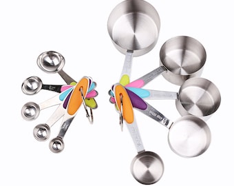 10 Pcs Set Measuring Spoons Cups 1.25-250 ml Stainless Steel Silicone Handle Baking Cooking Tools