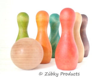 Rainbow Wooden Bowling Set by Zúbky - Solid Wood Pins and Ball - Waldorf Montessori Toddler Game for Children