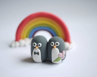 Bride and Groom Penguin Wedding Cake Topper (With or Without Rainbow)