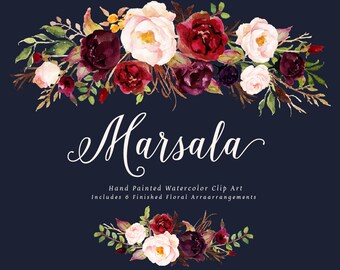 Watercolor floral Clip Art-Marsala/Individual PNG files/Hand Painted/Wedding design/Bohemian/Boho/Rustic