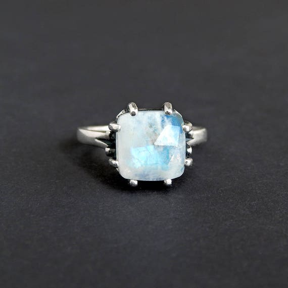 Rose Cut Rainbow Moonstone Ring: sterling silver high dome