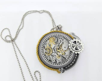 Necklace with soutaches pendant clock gears