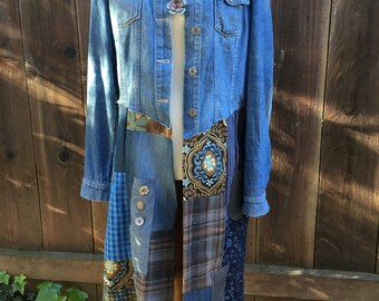 Long patched jeans jacket size M-L. Upsycled clothing, repurpose clothing, redesign clothing, recycle woman clothing