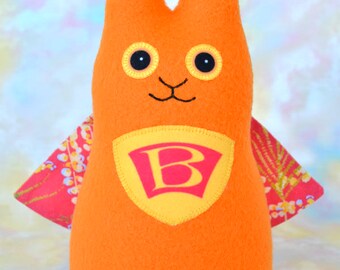 Handmade Wonder Bunny Rabbit Superhero Stuffed Animal, Orange, Yellow Fleece, Kids Baby Toddler Art Toy Hug Me Bunny, Personalized Tag, 9 in