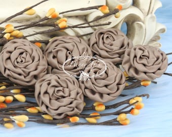 New: 6 pcs - TAN - 1.5 inch Adorable PETITE Matte Satin Rolled Rose Rosettes Fabric flowers. Mini Silk Rolled Rosette Appliques.