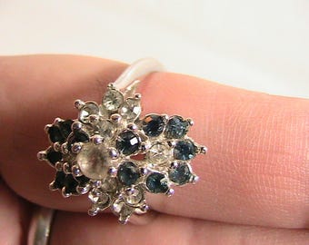 Ring, Flowered Blue and Clear Rhinestones, 3 Layer Atop White Gold Marked 18K H.G.E. Size 8