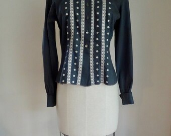 50's Blouse Cotton Lace Gray Embroidered Mad Men Rockabilly Blouse