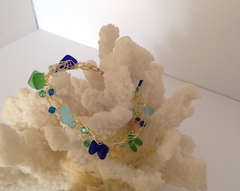 Gold filled crochet magnetic bracelet with seaglass and Crystal's