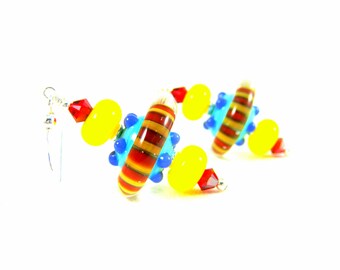 Colorful Funky Earrings, Lampwork Earrings, Blue Yellow Red Earrings, Unusual Earrings, Glass Earrings, Unusual Earrings - Satellite