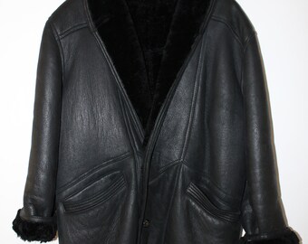 Shearling Sheepskin Coat Vintage 70's Black Size 48