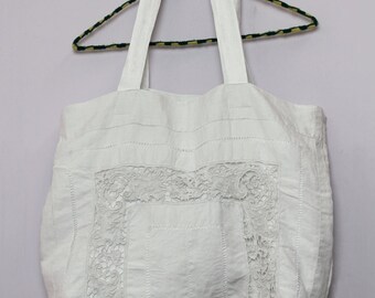 Boho Chic Upcycled Vintage Linen Tote Bag
