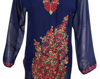 Womens Tunic Dresses Sheer Alyssa Blue Georgette Floral Embroidered Beach Cover Dress S