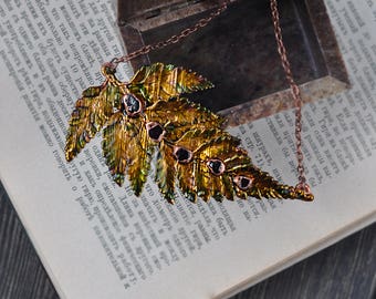 Electroformed fern necklace, electroform leaf, garnet necklace, botanical jewelry, woodland necklace, faerie, witchy necklace, elven, druid