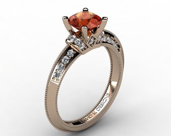 Classic 14K Rose Gold 1.0 Ct Orange Sapphire Diamond Solitaire Engagement Ring R1126-14KRGDOS
