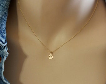 Gold Peace Sign Necklace, Minimalist Peace Sign Necklace, 6mm Delicate Peace Sign Charm Necklace, Solid 14k Minimalist Peace Sign Necklace