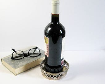 Vintage Wine Bottle Coaster - Round Silver Plate Tray - Drink Coaster - Potted Plant Holder - Silver Home Decor - Silver Valet Vanity Tray