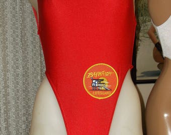 Red Baywatch style swimsuit with Logo on suit