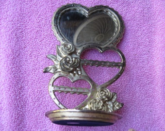 Three Heart Silver Earring Holder Silverplated With Roses Earring Jewelry Holder With Mirror Vintage Earring Holder Piereced Earring Holder