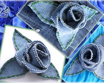 Jeans brooch Flower pin Denim pin Rose brooch Big brooch Massive brooch Urban pin Textile brooch Embroidered brooch Stylish pin For women