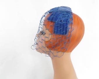 Vintage 1950s hat, blue velvet halfhat, woman's mid century