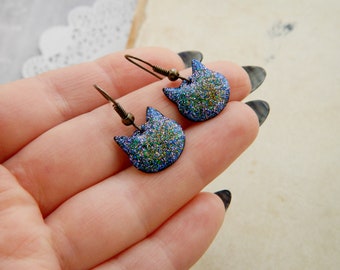 Celestial Animal Cat Earrings Cat jewelry Dark Blue earrings Tiny earrings for girls Nebula jewelry for sister gift Galaxy earrings Cosmic