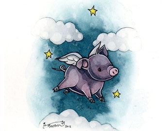 Flying pig fairy cute winged piglet angel fine art print 5 x 7