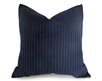 Mens Dark Blue Pinstriped Pillow, Navy Blue Denim Pillow Cover, Man Cave Sofa Pillow, Menswear Inspired, 18x18, 20x20, 22x22, 24x24, 26x26