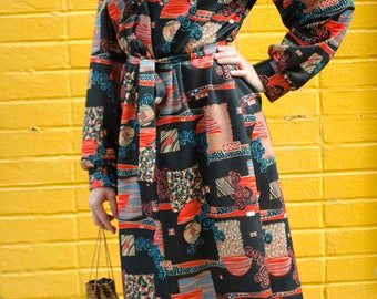 1960s Abstract Print Dress, Joan Curtis, Long Sleeved Print Dress