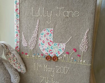 Personalised new baby photo album and keep sake book, pink and green hand embroidered baby book, new baby gift, christening gift