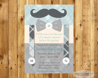 Mustache Baby Shower Invitation -Bowtie-Little Gentleman-Chevron-Boy-Printable-Custom-You Print-Shower Invitation