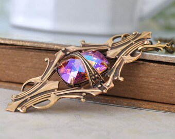 VINTAGE SPARKLE, vintage Swarovski ab effect honey topaz jewel necklace in antique brass