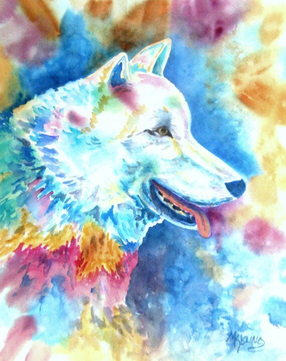 White Wolf Watercolor Colorful Painting Blue