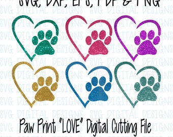 Paw Print and Heart SVG Cut File, Digital Designs Clipart Cutting files for Silhouette, Cricut Cuttable Dog Paw Print with Heart