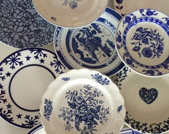 Blue White Salad Plates Mismatched - Stripe Floral Spatter Asian Indigo Sky Ocean Blue - Wedding Shower Country Cottage Farmhouse Decor