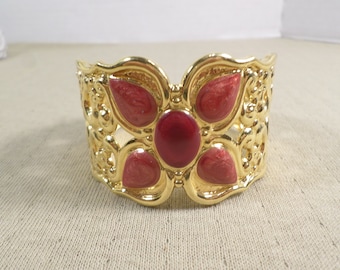 Beautiful Vintage Gold Tone Wide Scroll Work Ornate Cuff Bracelet With Enamel DL#4828