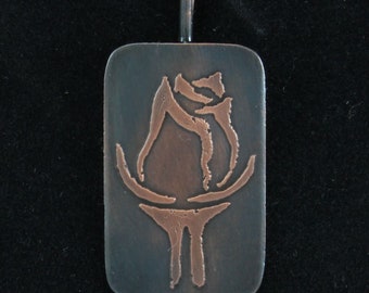 Pendant, stylized rose, etched copper with patina, v. 002