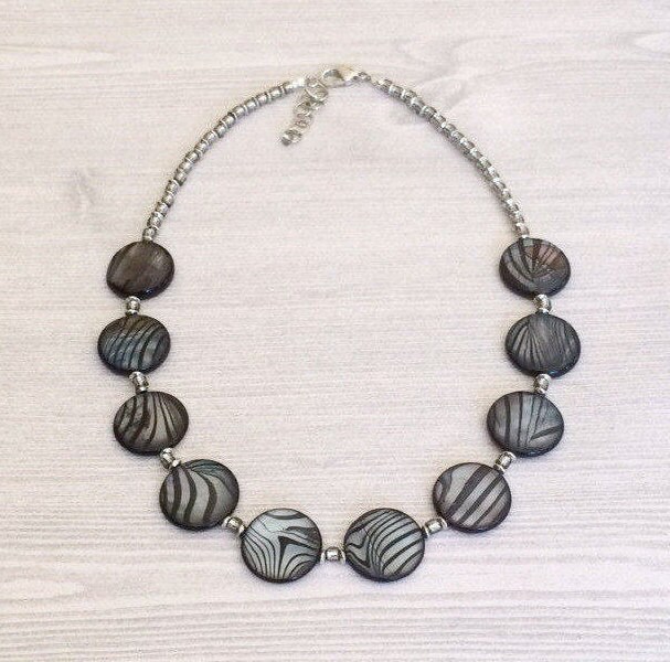 Shell Bead Necklace Black Blue Shell Necklace Beaded Bib