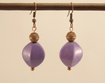 Earrings glass oval beads mauve and copper metal