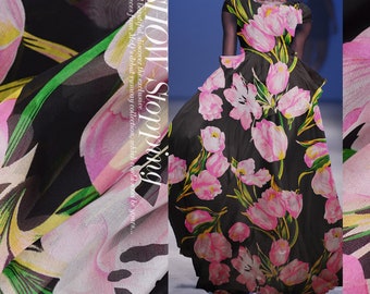 Pink Large Floral Print Black 100% Pure Silk Chiffon Fabric Width 53 Intch