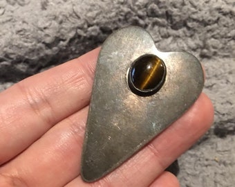Artisan sterling Silver heart brooch/pendant with semi precious tiger's eye stone
