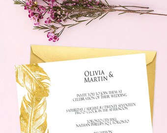 Wedding Invitation printable gold feathers wedding invitation minimal gold wedding invitation save the date card personalized custom feather