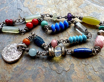 Multi Color Gemstones & Bead Necklace.Rustic Sterling Silver Coin Size Pendant.Silver chain.Rustic Boho Tribal Southwest Style Jewelry