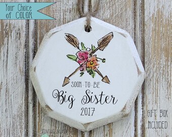 personalized floral arrows soon to be Big Sister ornament, christmas ornament, gift for big sister, new baby gift, baby shower gift
